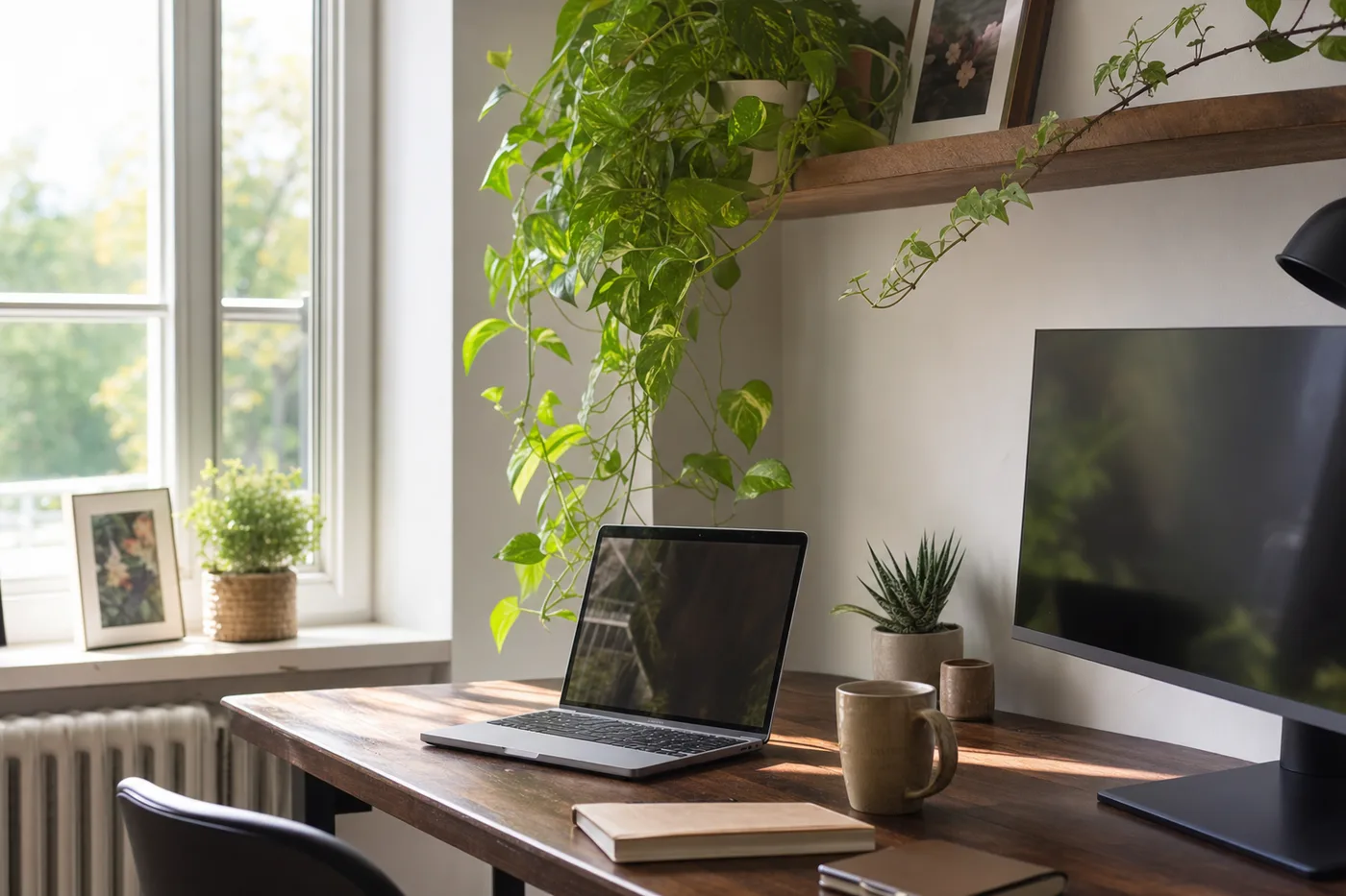 Plantas artificiales en un escritorio de oficina
